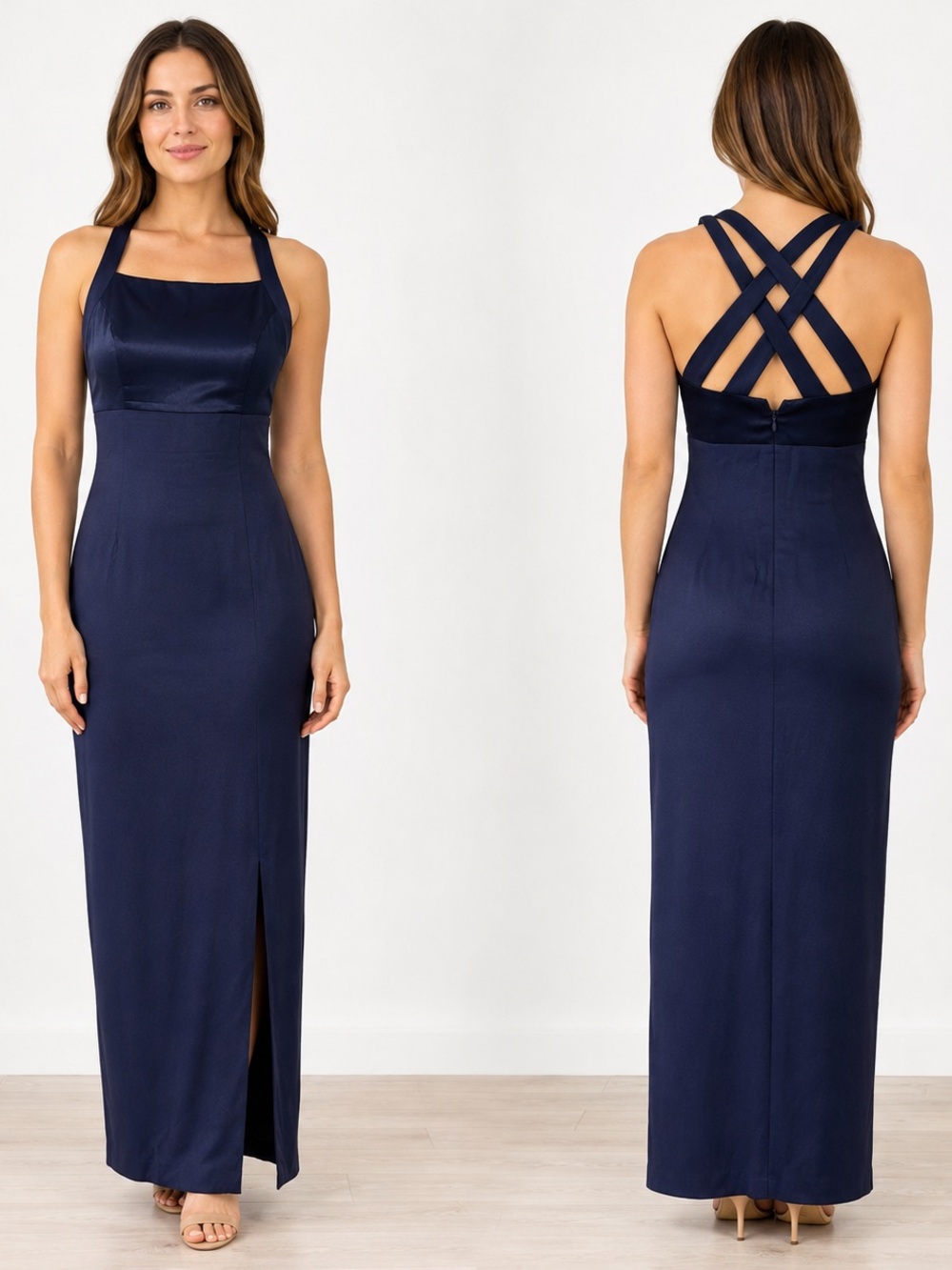 CDC Navy Satin Maxi Dress with Strappy Crossback
